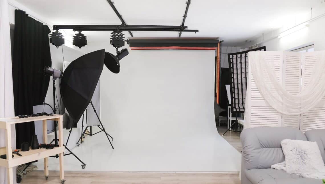 Empty photo studio with professional lighting equipment. interior
