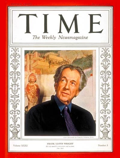 Frank Lloyd Wright graced Time's 1938 cover by Valentino Sarra, marking his architectural impact post-Fallingwater, and promoting organic architecture.