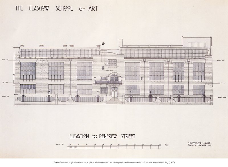 Historic drawing of the elevation from the archives at the glasgow school of art - charles rennie mackintosh
