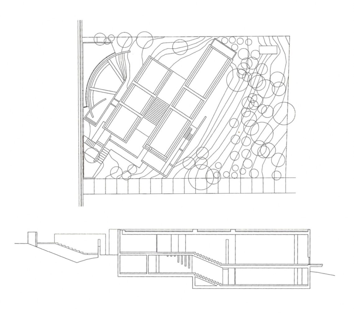 Site plan and section, koshino house - tadao ando