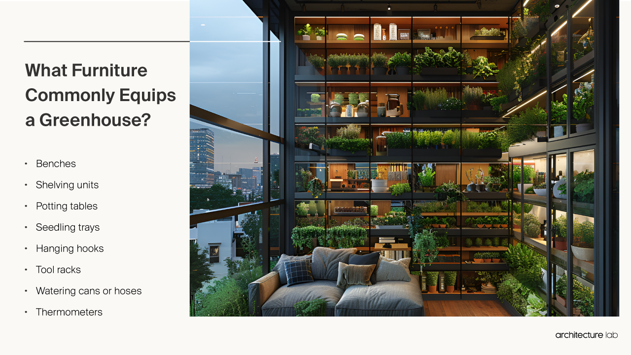 What furniture commonly equips a greenhouse?