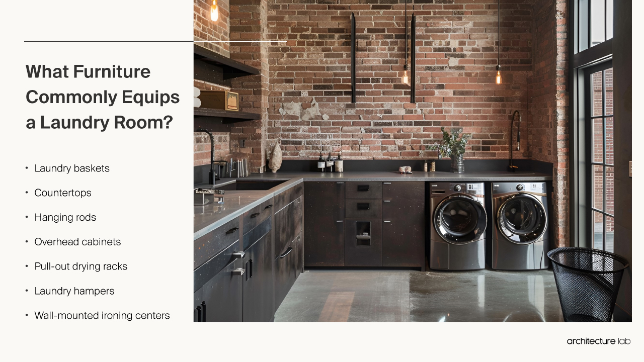 What furniture commonly equips a laundry room?