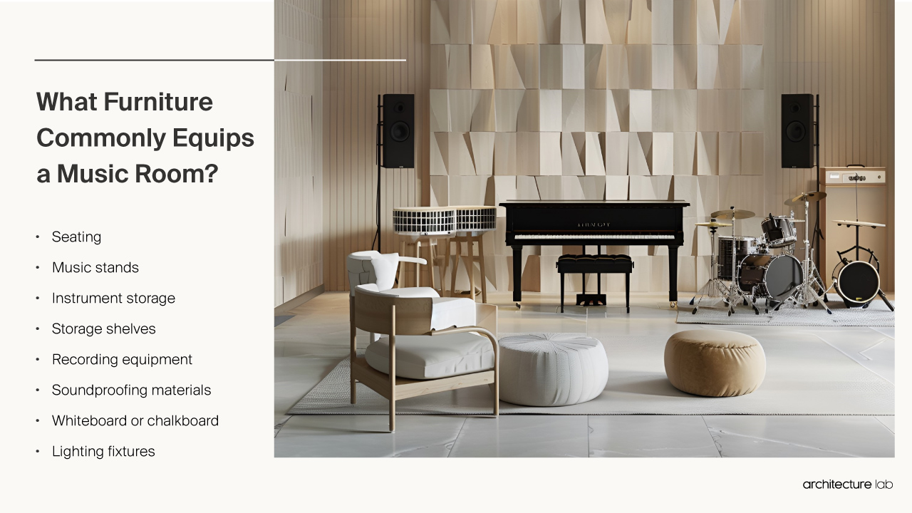 What furniture commonly equips a music room?