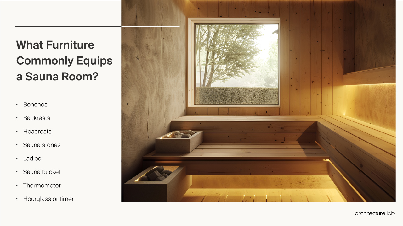What furniture commonly equips a sauna room?