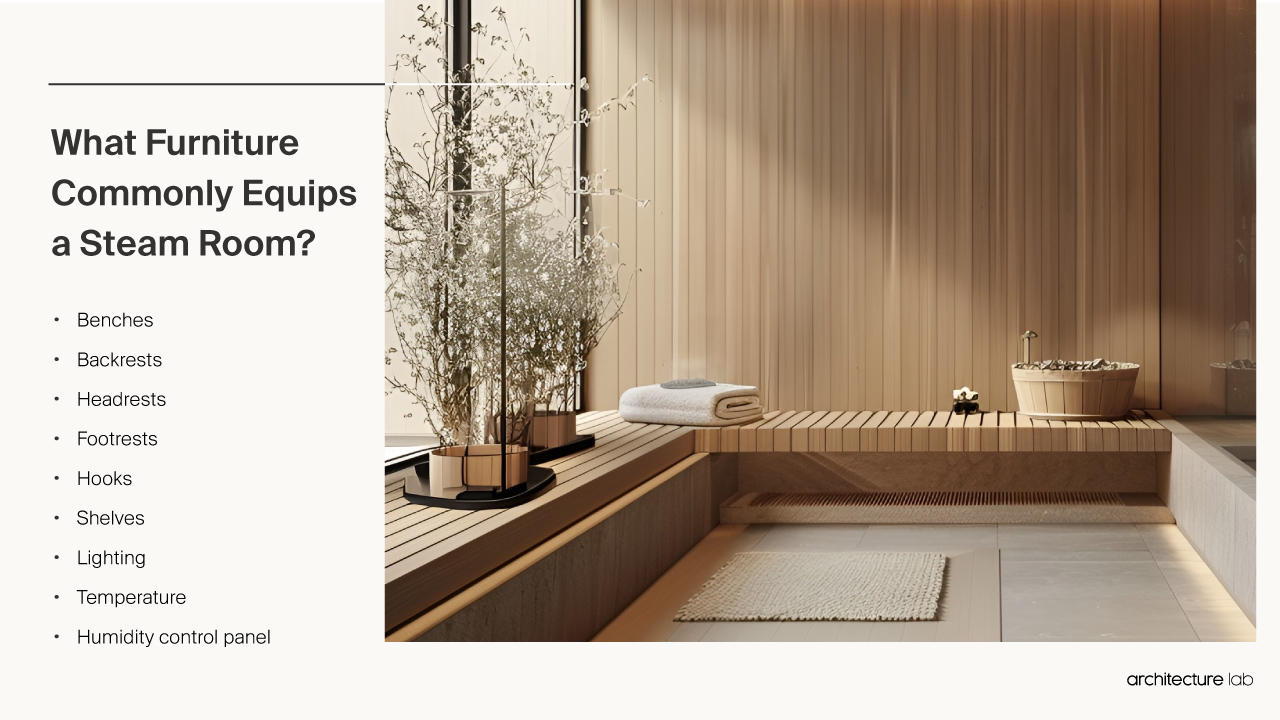 What furniture commonly equips a steam room?