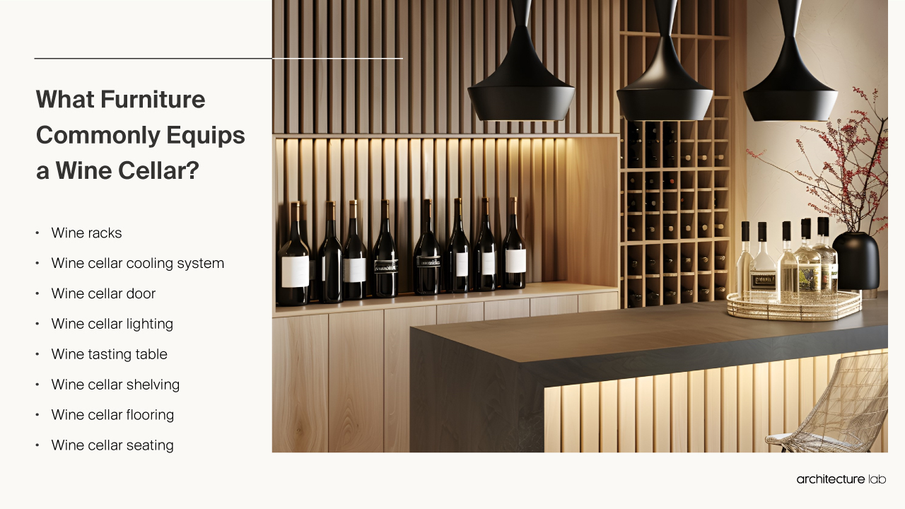 What furniture commonly equips a wine cellar?