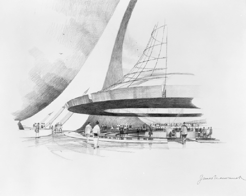 Sketch of exterior of expo ’70 pavilion by james maccormick. Naa: 1200/l72474. Courtesy of the national archives of australia.