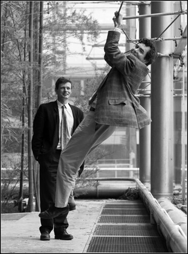 Peter rice hanging on the structural framework of the grande sere at parc de la villette - © micael denance