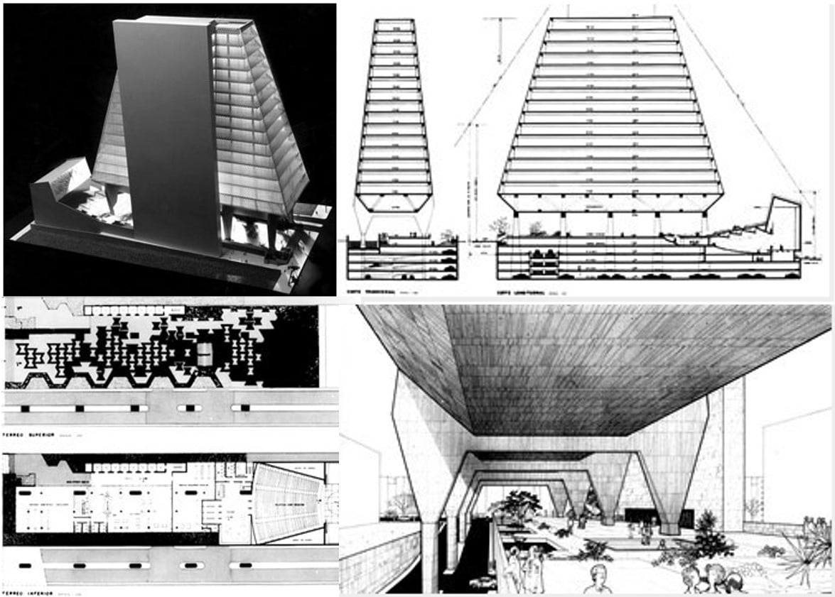 Aspects of the original proposal include a base on "pilotis," a "public" square, and a pyramidal tower as a "landmark" [ANELLI, Renato; GUERRA, Abilio; KON, Nelson. Rino Levi, architecture and city. São Paulo, R]