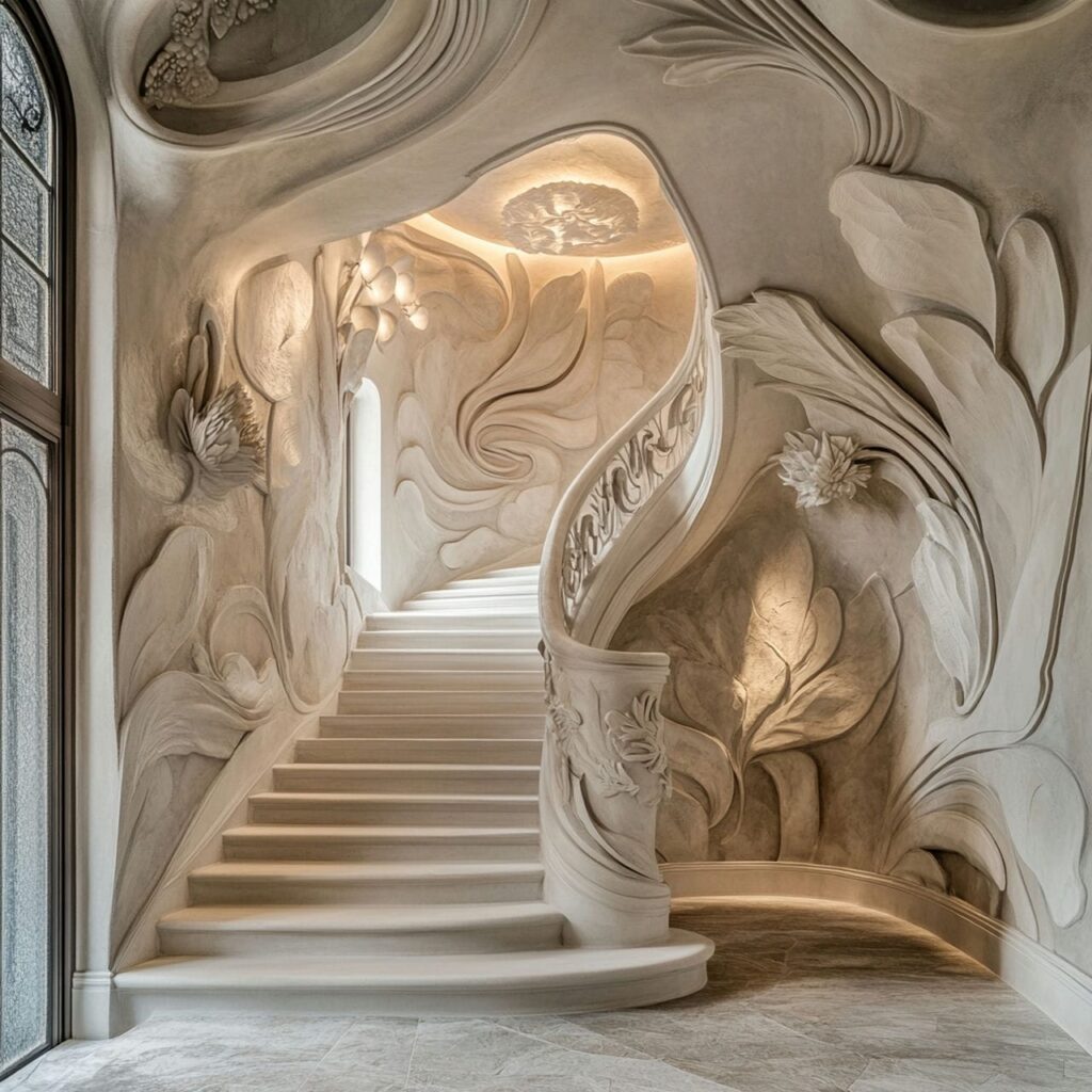 Art nouveau inspired plaster stairwell in a luxury hotel 1