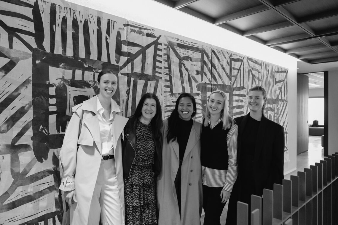 Members of the jll design services team pictured in the new jll melbourne office, from left to right: catherine wild-taylor (associate), jennifer moore (national practice director), frances sentina (senior interior designer), ellie mcfee (associate), emma gatley (interior designer).