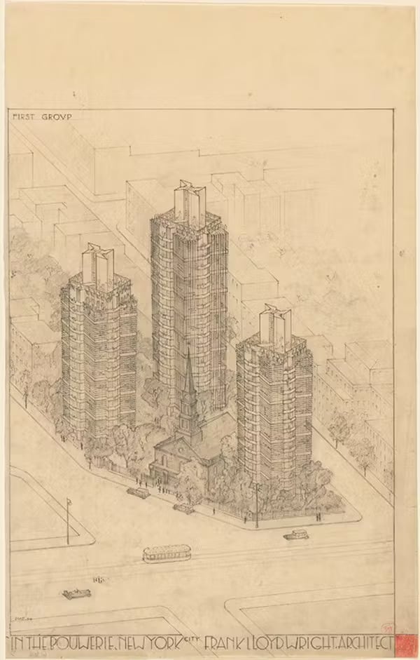 Sketches of building plans for St. Marks in the Bouwerie Towers in New York by Frank Lloyd Wright 1927 1931. Courtesy of the Museum of Modern Art