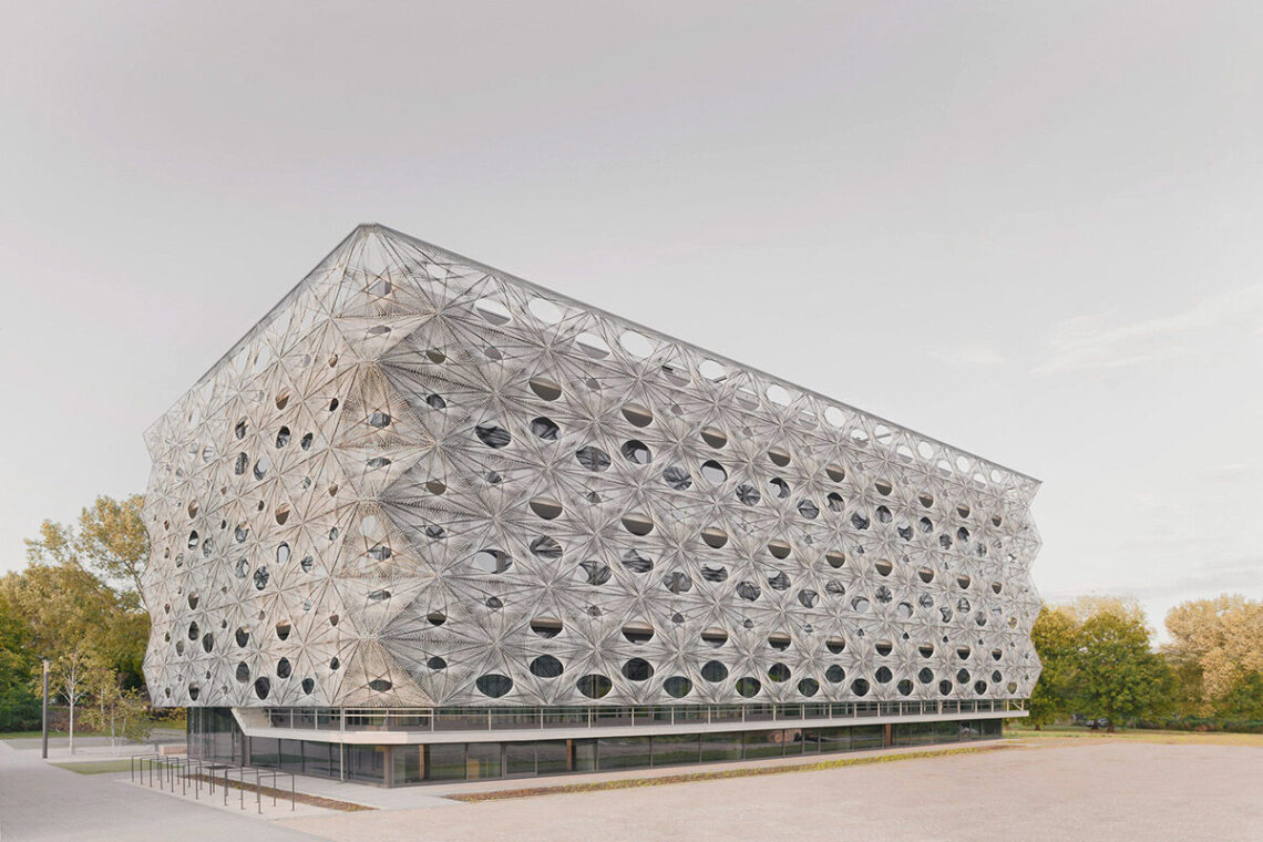 Wrapped in a robotically woven facade, texoversum university building opens in germany